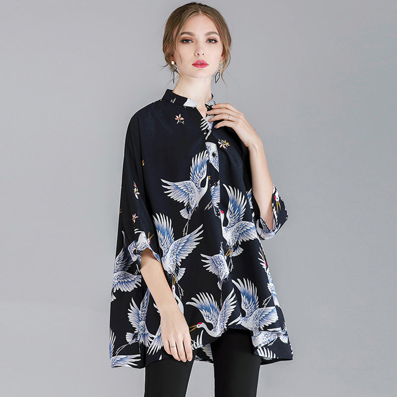 Crane Print Loose Oversized Shirt