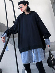 Loose False Two Jean Splicing Round Neck Sweatshirt
