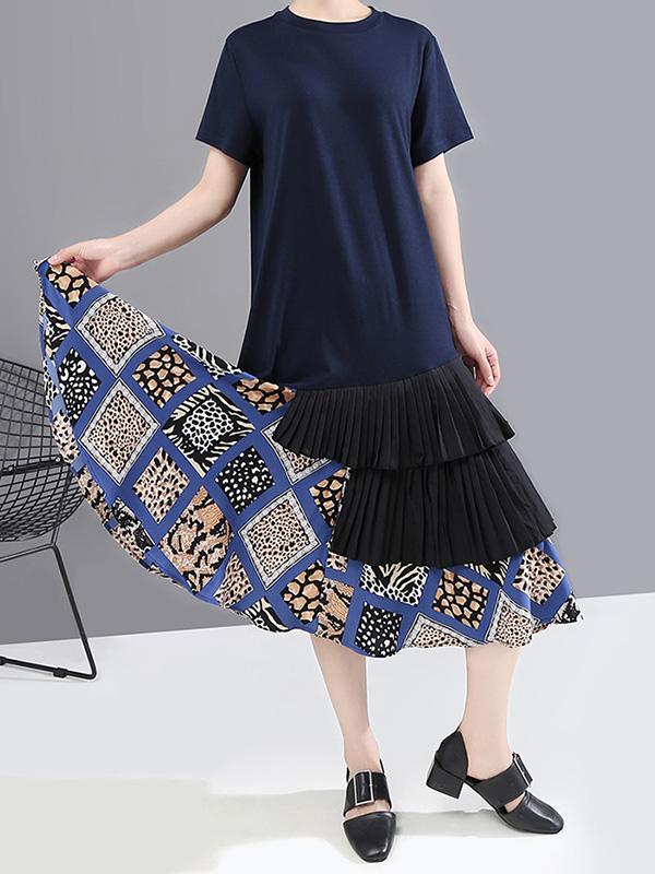 Splicing Cropped Floral Round Neck Dress