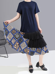 Splicing Cropped Floral Round Neck Dress