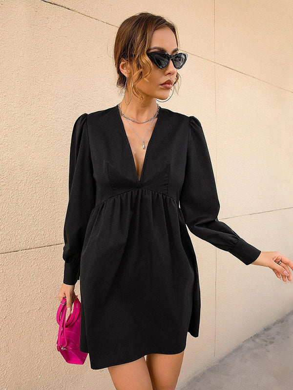 Sexy V-Neck Puff Sleeve A-Line Mini Dress