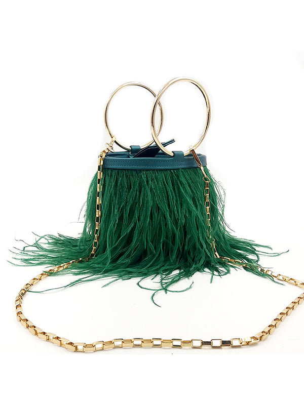 Ostrich Fur Tassel Metal Circle Handbag