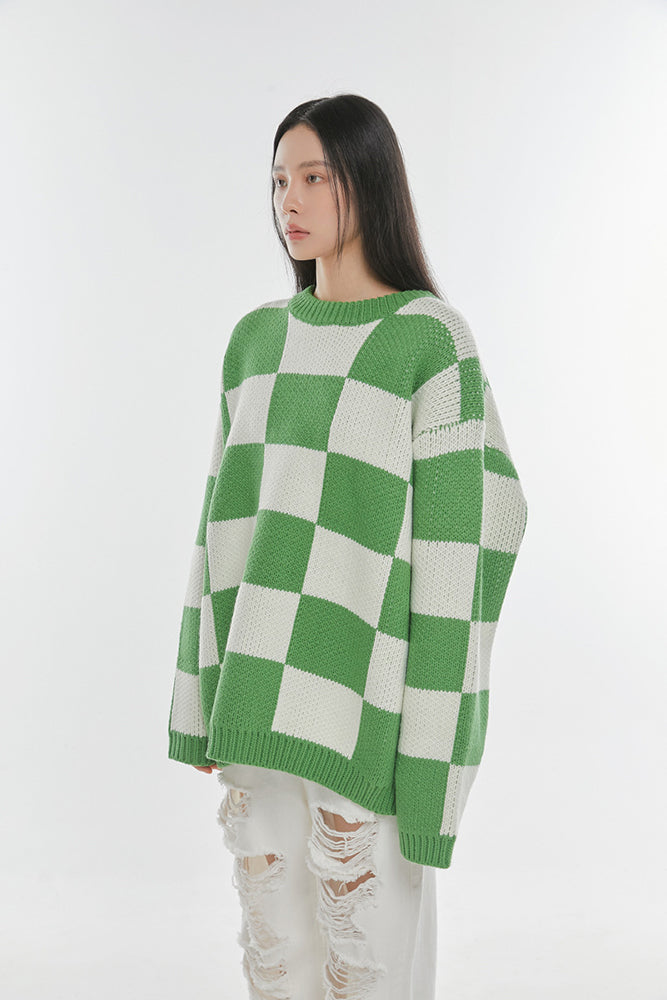 Loose Color Block Plaid Round Neck Knitted Sweater