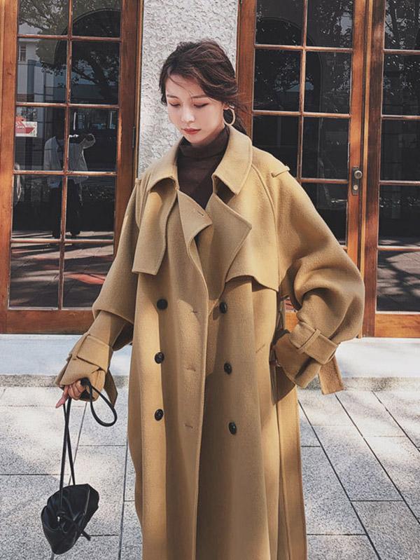 Solid Color Loose Wool Lapel Long Coat