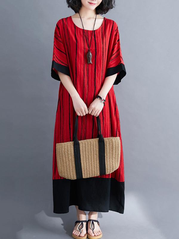 Loose Striped Split-Joint Cotton Dress