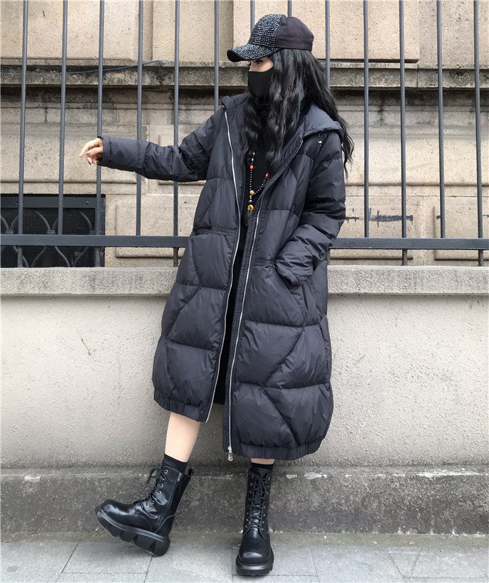 Large Size Loose Mid-Length Thick Hooded Down Coat