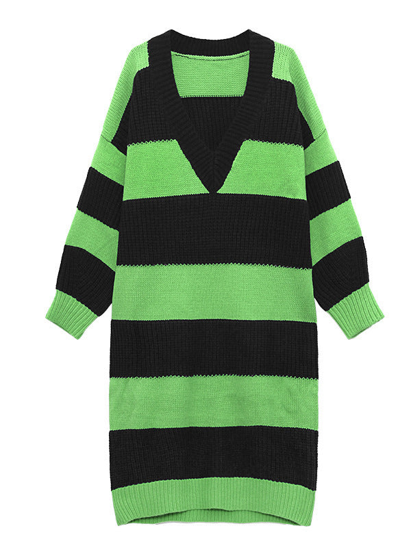 Casual Roomy Long Sleeves Contrast Color Striped V-Neck Sweater Dresses