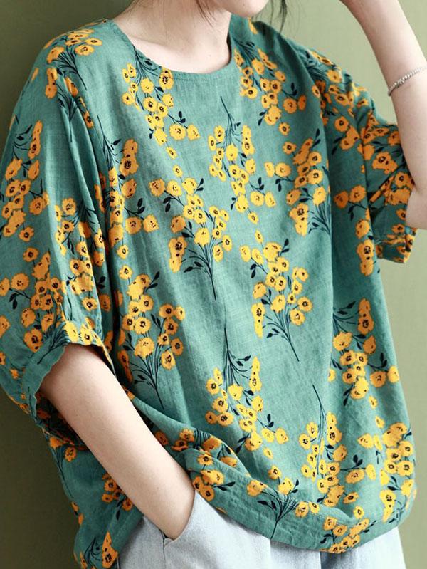 Vintage Flower Print Round Neck T-Shirt