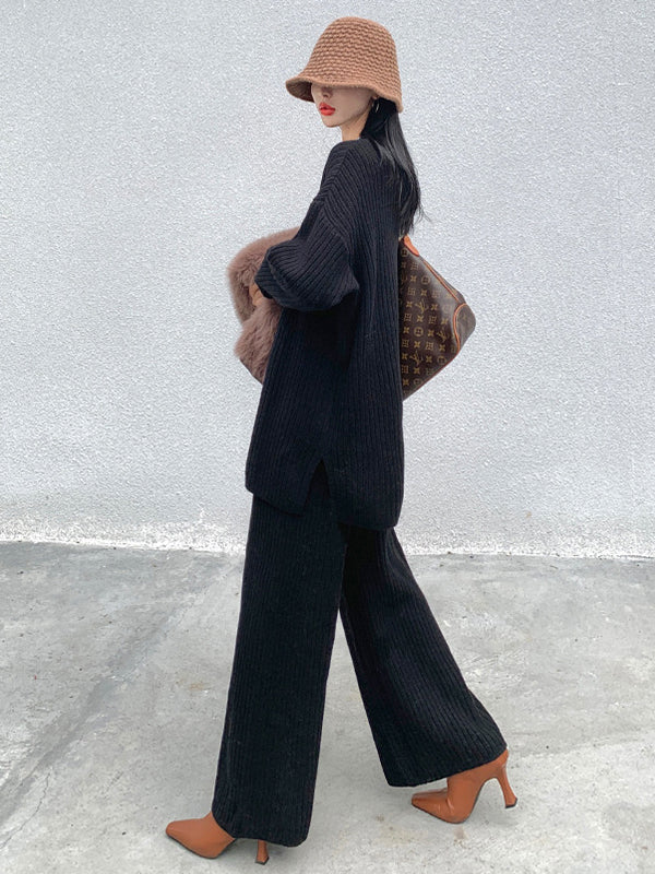 Simple Solid Color Sweater And Trousers Two-Piece Set