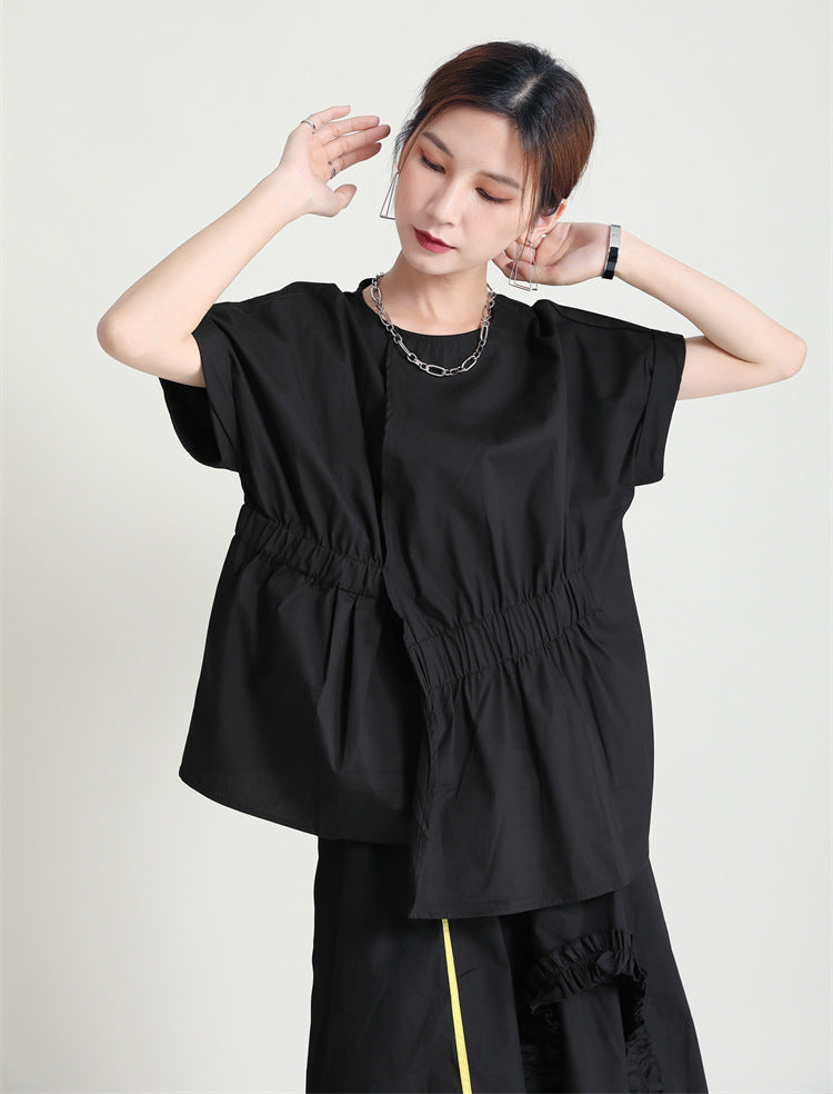 Solid Color Round Neck Stitching Casual Shirt