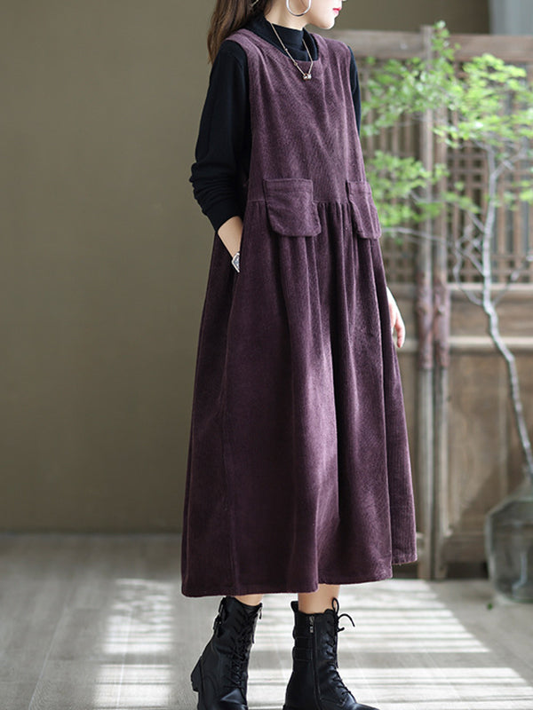 Round Neck Solid Loose Corduroy Midi Dress