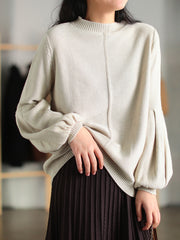 Women Solid Color Retro Loose Round Neck Sweater