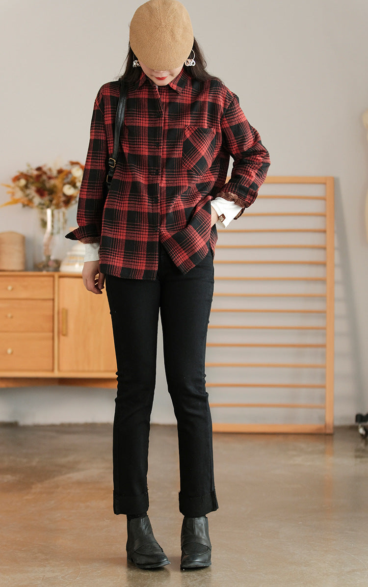 Retro Plaid Thicken Lapel Collar Shirt