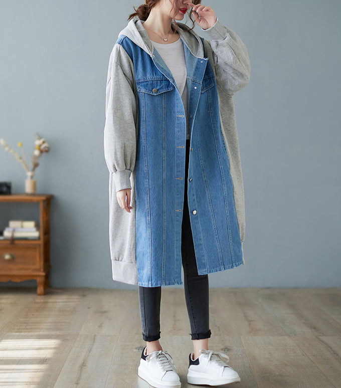 Large Size Hooded Denim Stitching Mid-Length Coat