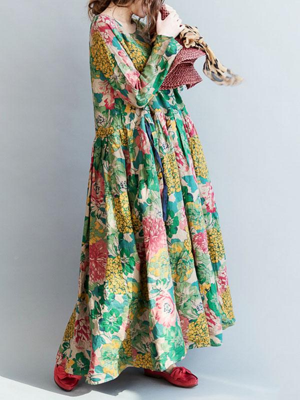 National Style Flower Printed Long Dress