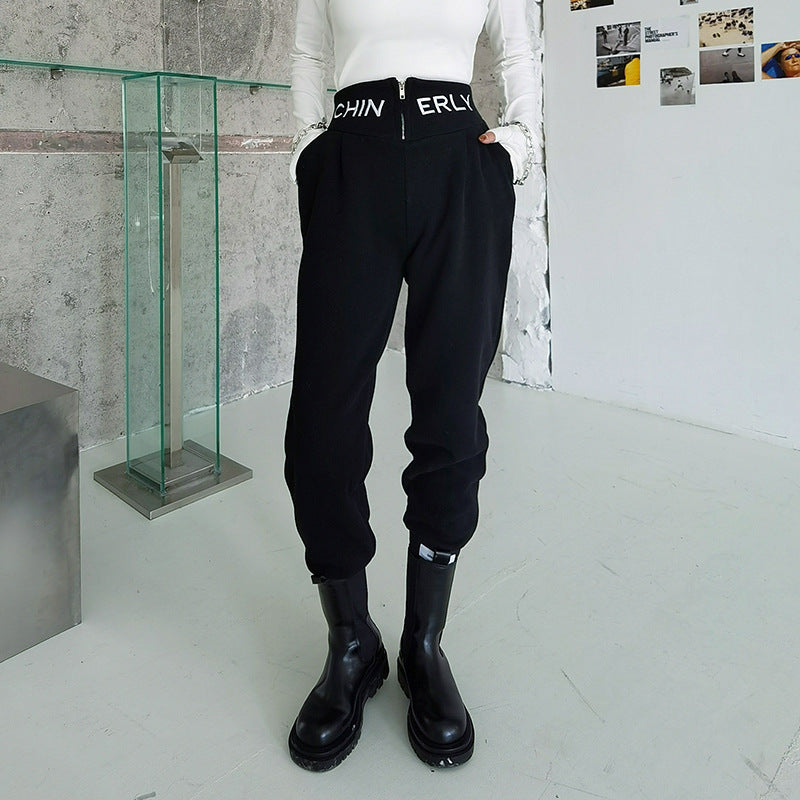 High Waist Embroidered Letter Zipper Pants