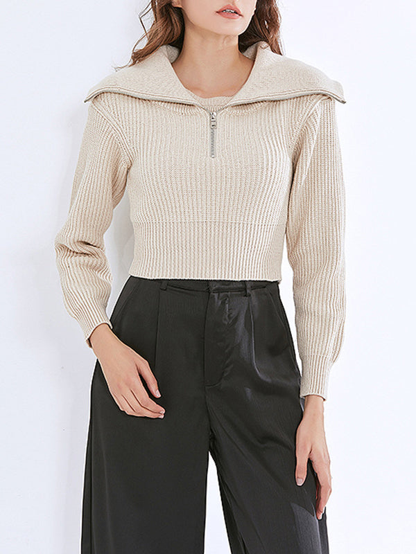 Lapel Pullover Zipper Solid Sweater