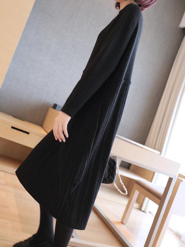 Plain Elasticity Pleated Knit Midi Dress