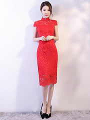 Red Lace See-through Split-side Short Cheongsam