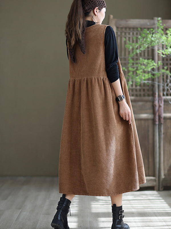 Round Neck Solid Loose Corduroy Midi Dress