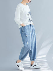 Casual Elasticity Hole Capri-Pants