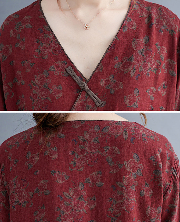 Retro Patchwork Floral V-Neck Lace-Up Midi Dress