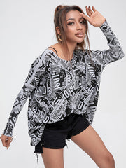 Stylish Letter Stamped Batwing Sleeves Round-Neck Pullover