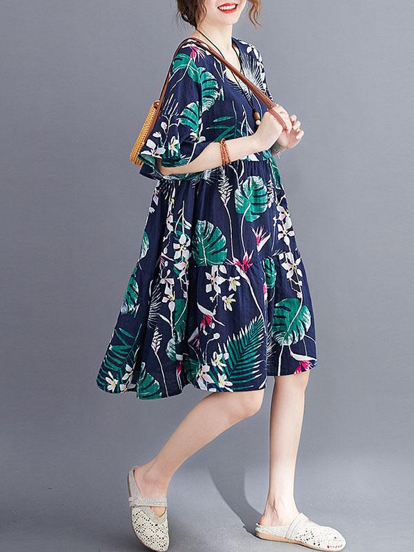 Fashion 2 Colors Printed V-Neck Dress