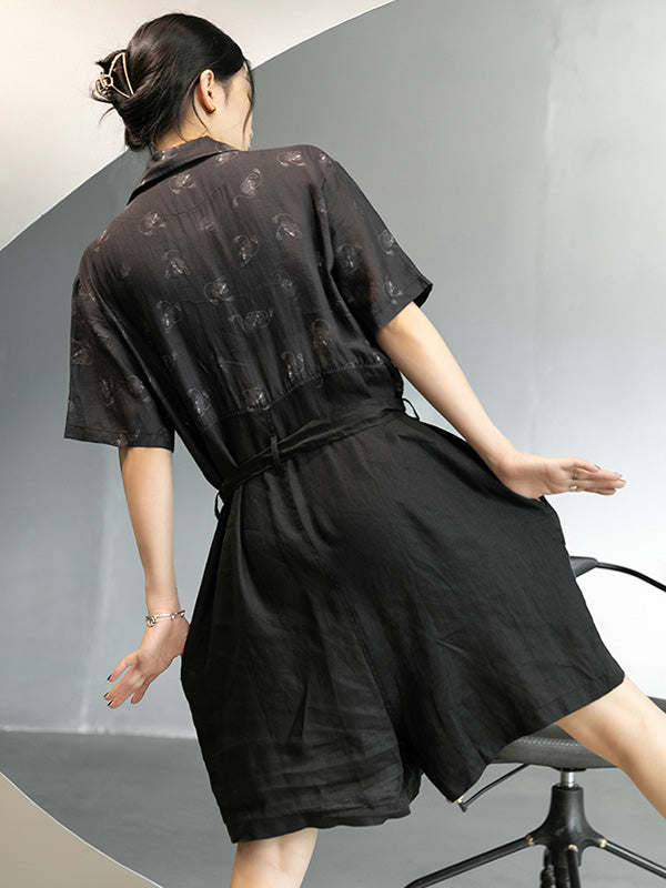 Urban Black Linen Stamped Notched Collar Rompers