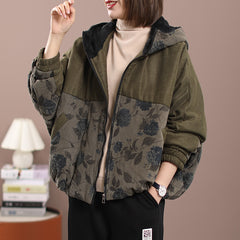 Loose Retro Print Patchwork Hooded Jacket