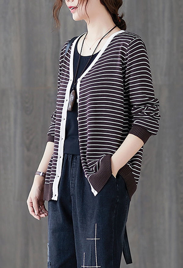 Women V-Neck Striped Sweater