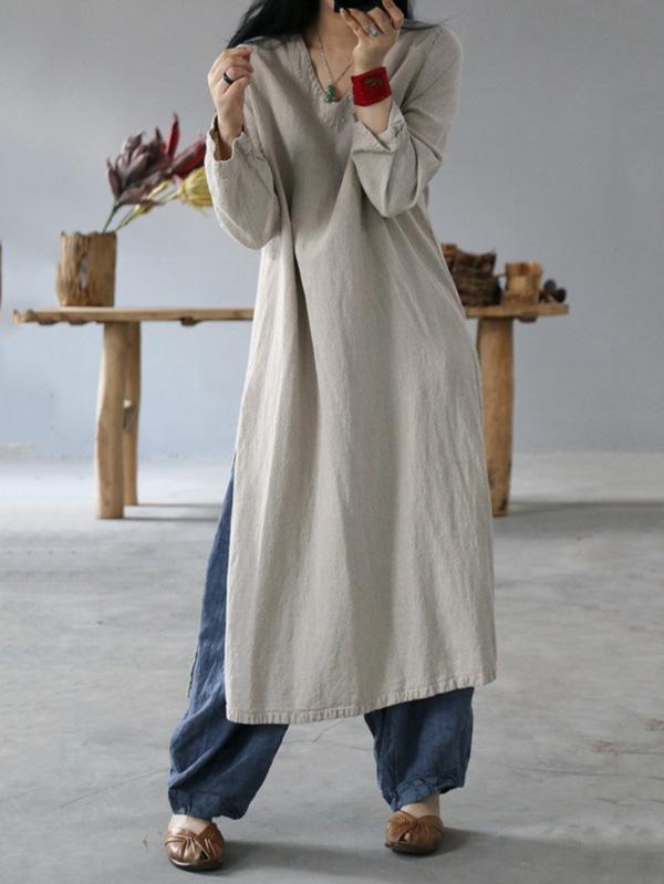 Vintage Solid V-Neck Split-Side Button Dress