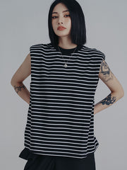 Black White Striped Cap Sleeves Vest