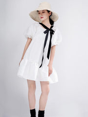Loose Falbala Solid Lace-Up Puff Sleeve Mini Dress