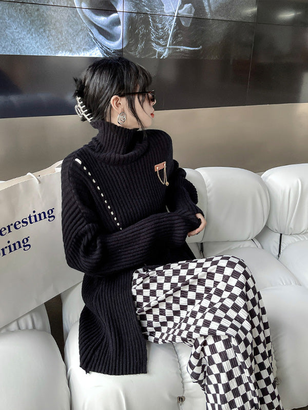 Loose Solid Color High-Neck Split Sweater