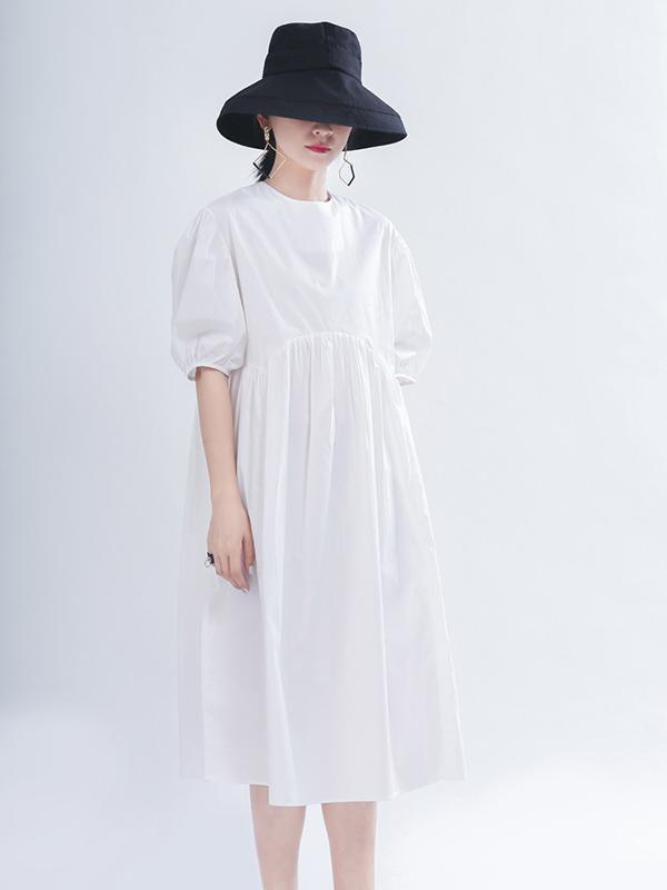 Loose Solid Color Puff Sleeve A-Line Dress