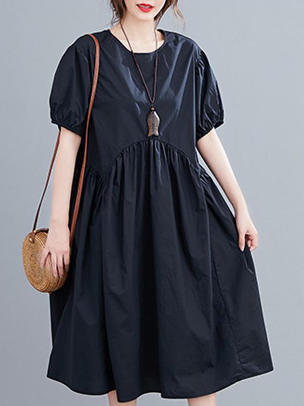 Fashion Solid Pleats Bishop Sleeve Dress