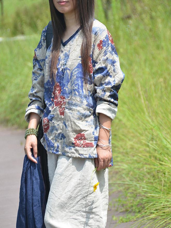 Loose Double Cotton V-neck Blouses