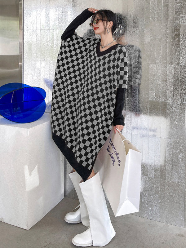 Original Roomy Plaid V-Neck Long Sleeves Sweater Dress