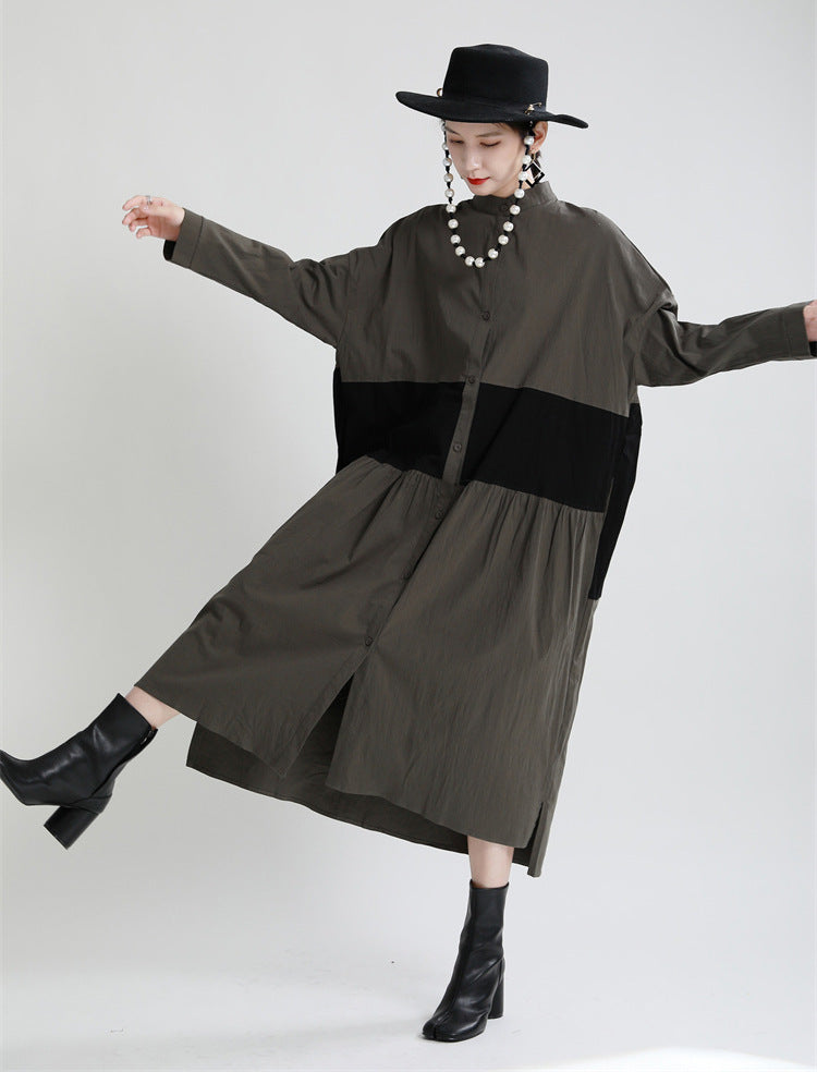 Stitching Contrast Color Loose Big Swing Long Sleeve Dress