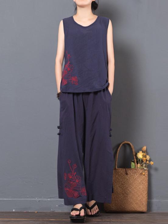 Vintage Embroidered Ramie Cotton T-shirt and Pants Suits