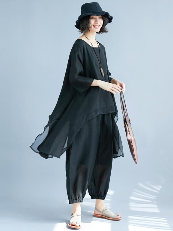 Black Loose Comfortable Cotton Suits