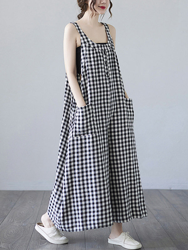 Literary Plaid Sleeveless Casual Loose Jumpsuit
