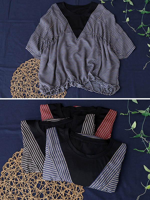 Artistic Striped Split-Joint V-Neck Tops