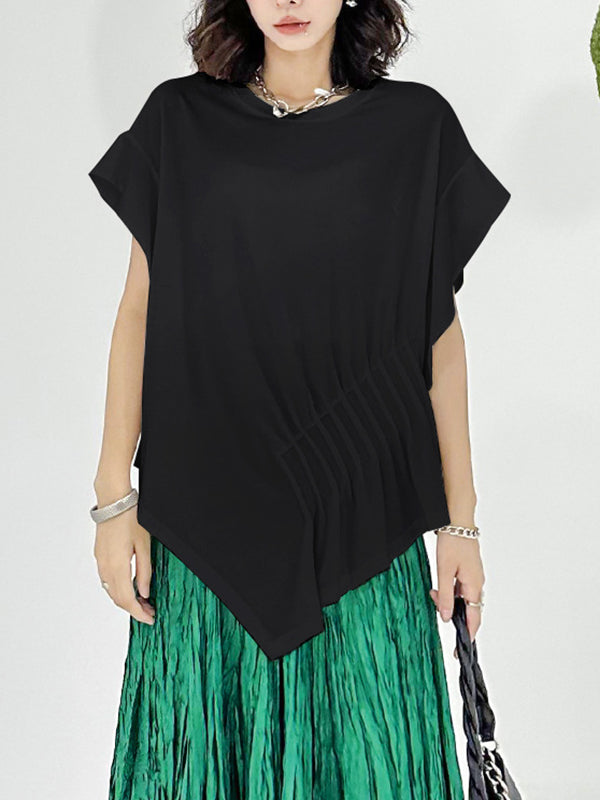 Irregular Clipping Roomy Pleated Pure Color Split-Joint Round-Neck T-Shirts