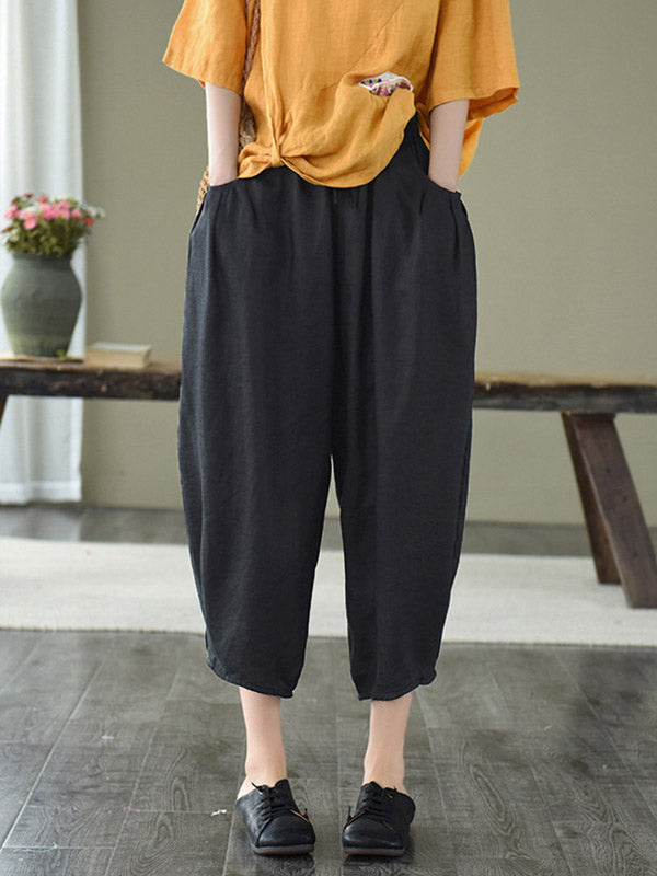 Artistic Retro Drawstring Elasticity Solid Pants