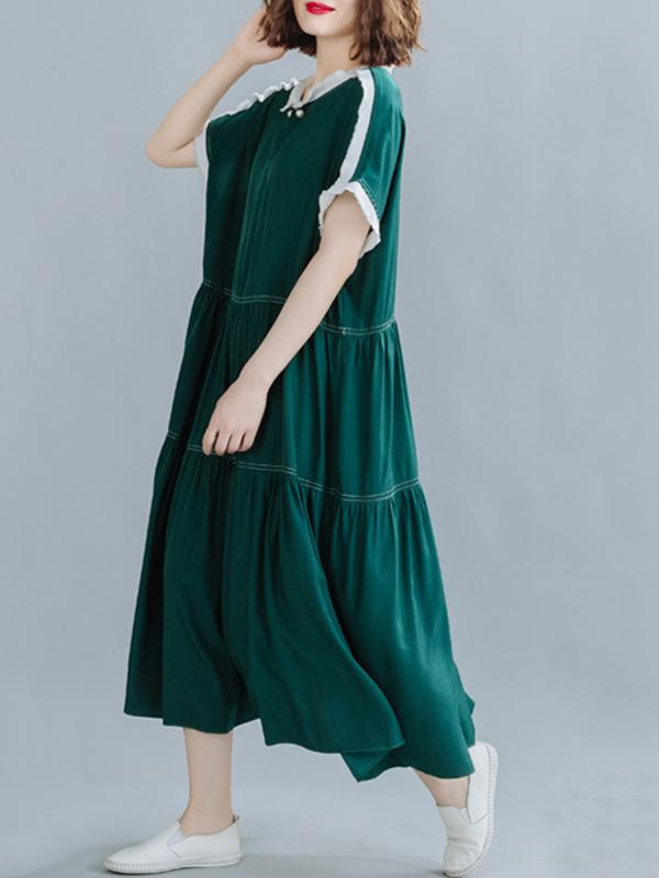 Loose Split-Joint Pleated Midi Dress