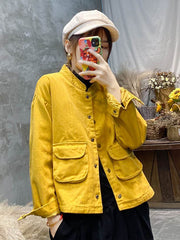 Women Retro Stand Collar Solid Color Coat