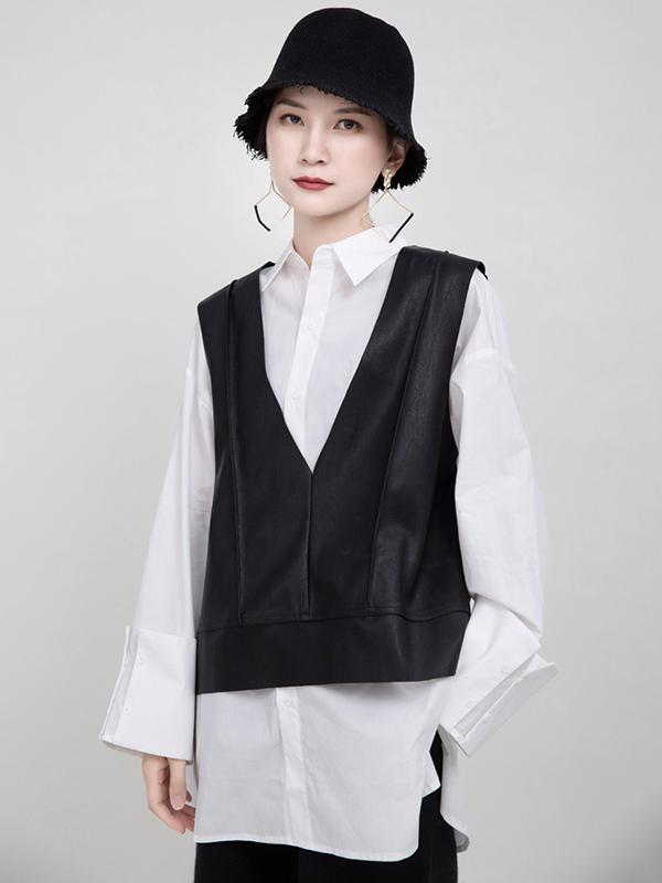 Black V-Neck Fleece PU Vest