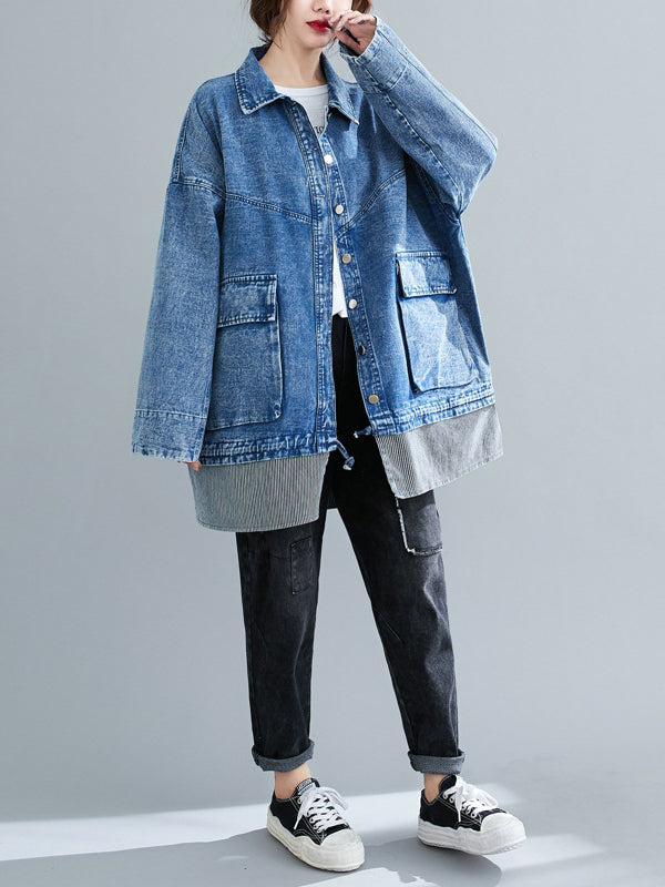 Loose Stand Collar Split-Joint Denim Coat